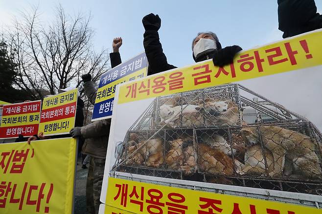 동물보호단체 활동가들이 ‘개 식용 종식 특별법’ 국회 통과를 환영하며 구호를 외치고 있다. 김혜윤 기자