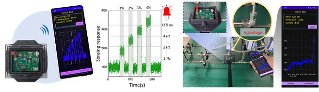 수소 센서와 스마트폰 앱을 통한 실시간 수소 감지 및 성능 확인 결과. KAIST 제공
