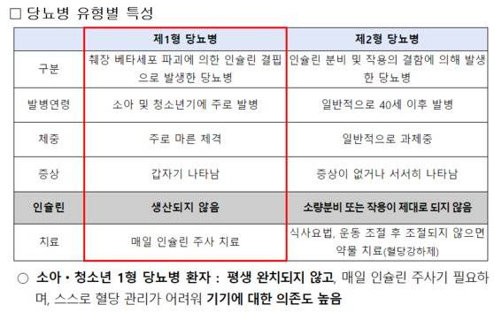 제1형 당뇨병에 대한 설명. 사진 보건복지부
