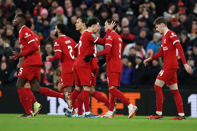 풀럼을 2-1로 꺾고 EFL컵 4강 1차전을 승리로 장식한 리버풀. Getty Images