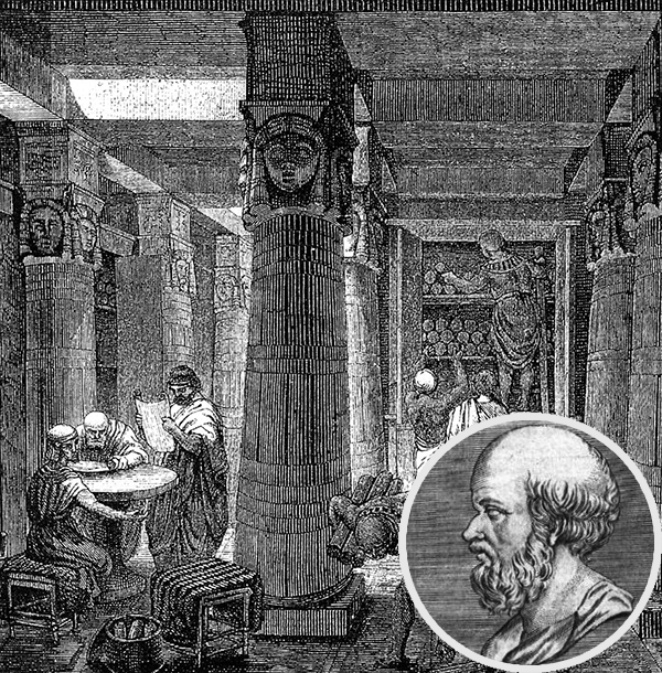 이집트 알렉산드리아 도서관의 복원모습과 에라스토테네스(오른쪽 아래). 위키미디어 제공