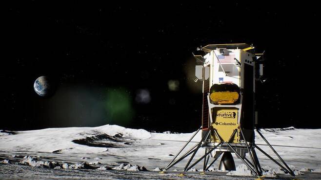 미국의 민간기업 인튜이티브 머신스가 제작한 달 착륙선 노바-시 상상도. 1월19일 달 착륙에 성공하면 사상 최초의 민간 달 착륙선이 된다. 인튜이티브 머신스 제공