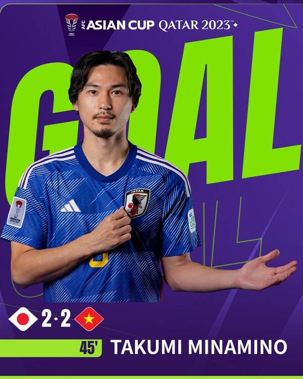 일본이 승부를 원점으로 돌렸다. 전반 44분 엔도 와타루가 상대 박스 왼쪽으로 패스했다. 미나미노 타쿠미가 이를 잡아 슛을 해 골망을 흔들었다.&nbsp;사진┃AFC