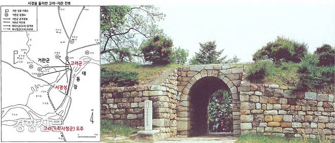 사진은 평양성(북한 국보 1호). 거란군은 흥화진과 통주성을 차지하지 못하고 곽주성 등을 공략한 뒤 서경으로 남진했지만 서경성 조차 점령하지 못하고 다시 개경으로 내려갔다. |사진은 국립문화재연구원 제공, 지도는 ‘국방부군사편찬연구소의 <여·요 전쟁사>(민족전란사 7), 1990’에서