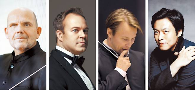 From left: Jaap van Zweden (SPO), David Reiland (KNSO), Pietari Inkinen (KBS Symphony) and Kim Sun-wook (Gyeonggi Philharmonic)