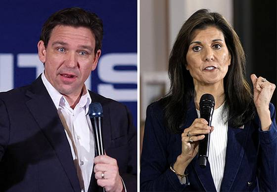 같은 날 론 디샌티스 후보(왼쪽)와 니키 헤일리 후보(오른쪽)는 아이오와에서 유세를 벌였다. [AP·AFP=연합뉴스]