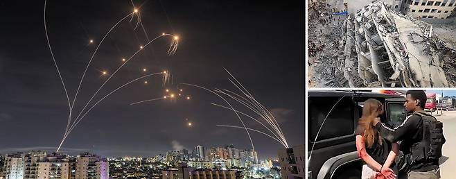 이스라엘 대공 방어 미사일 '아이언 돔'이 하마스가 가자지구에서 발사한 로켓들을 공중에서 요격하고 있다(왼쪽 사진). 오른쪽 위 사진은 이날 가자지구에서 이스라엘의 보복 폭격으로 무너져 내린 건물을 수색하는 모습. 오른쪽 아래 사진은 하마스 대원이 피 흘리는 이스라엘 여성을 결박한 채 머리채를 움켜잡고 차량으로 납치하는 모습. /로이터 뉴스1·AFP 연합뉴스·X(트위터)