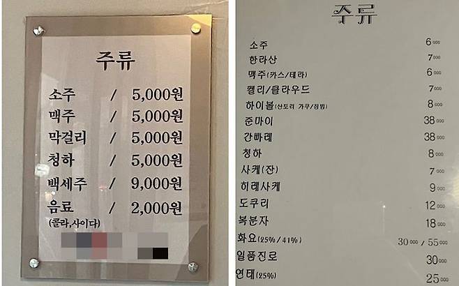 16일 서울 중구 무교동의 한 식당. 소주를 5000원에 팔고 있다(왼쪽), 같은 동네 또 다른 식당에서는 소주를 6000원에 판매하고 있다.ⓒ데일리안 박상우 기자
