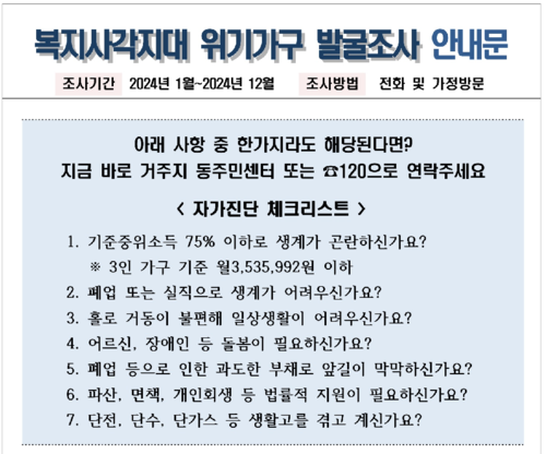 송파구가 위기 징후가 있는 가구에 발송하는 등기우편에 포함된 복지 사각지대 자가점검 체크리스트. 송파구 제공