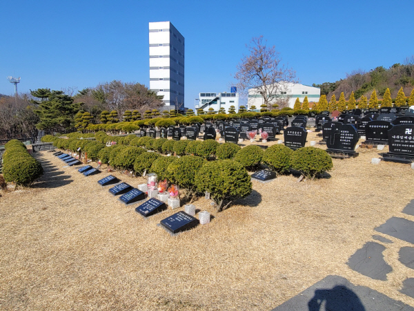 지난 15일 김해하늘공원 묘지앞에 생화와 생화로 만든 화분이 가지런히 놓여있다. 김해시 제공