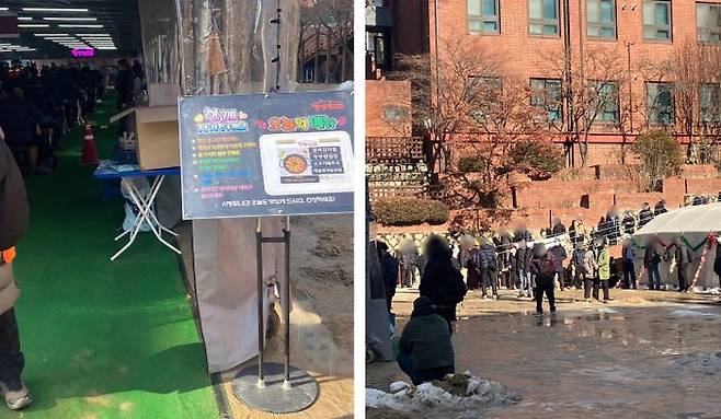 명동밥집 우측에는 오늘의 메뉴가 적혀 있다(왼쪽). 이미 많은 노인들이 식사하기 위해 대기하고 있다.(오른쪽).ⓒ데일리안 박상우 기자