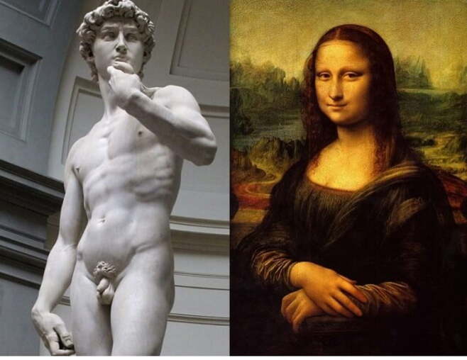 미켈란젤로의 대표작인 다비드상(왼쪽)과 다빈치의 대표작인 모나리자(오른쪽). /각각 피렌체 아카데미아 미술관, 루브르박물관 소장