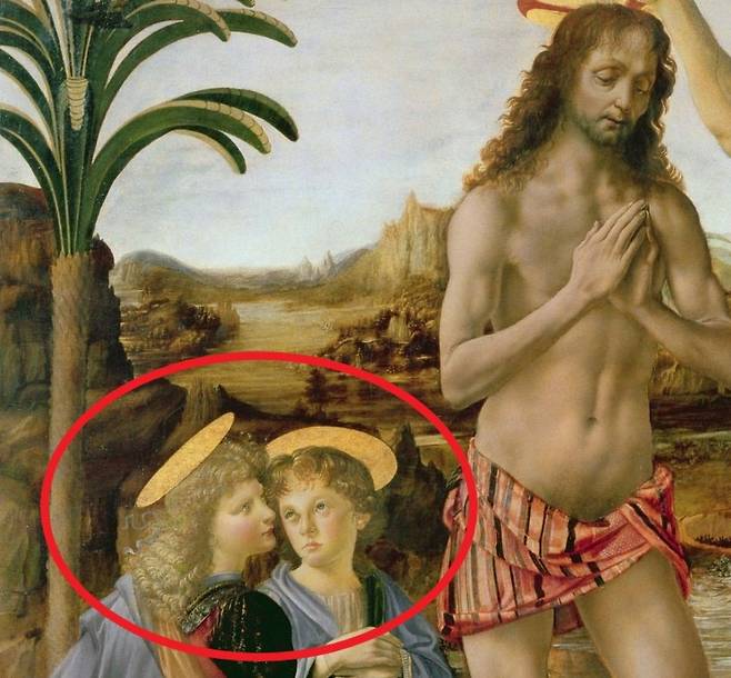 다빈치가 스승인 베로키오와 함께 그린 '그리스도의 탄생'(1472~1475년경)의 일부. 붉은 원으로 표시한 왼쪽 아래 두 천사 중 왼쪽이 다빈치의 작품이다. 제자와의 수준 차이를 절감한 스승은 이 작품을 완성한 뒤 붓을 꺾고 다시 그림을 그리지 않았다고 한다. /피렌체 우피치미술관
