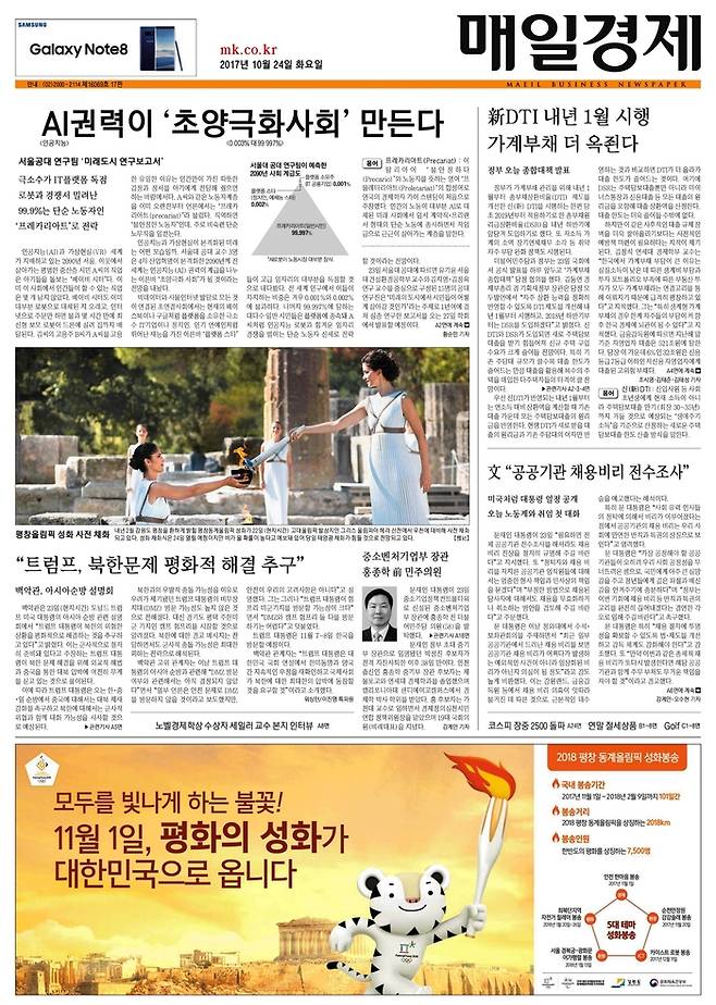 2017년 10월 24일자 매일경제 1면. 당시 매일경제는 서울공대 연구팀의 ‘미래도시연구보고서’를 입수해 발전하는 AI기술이 미래 사회에 가져올 변화에 대해 조명했다. AI가 고도로 발전된 미래에는 극소수가 IT플랫폼 독점하고, 로봇과 경쟁서 밀려난 99.9%는 단순 노동자인 프레카리아트가 될 수 있다는 전망이 담긴 연구보고서다. AI경쟁에서 뒤처져 프레카리아트 국가로 전락하는 것을 막으려면 인간친화적 인공지능 개발해야 한다는 메시지다. 매경DB