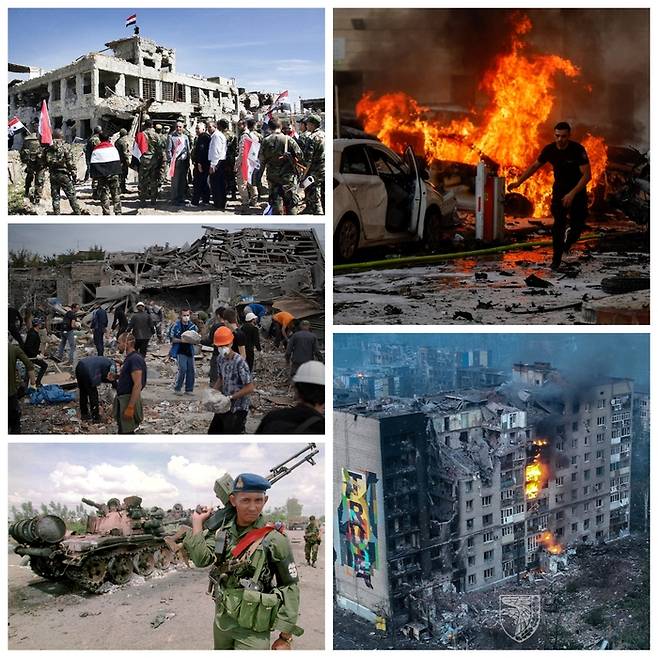 국가가 국민 동의없는 전쟁을 일으키고, 항구적인 전쟁 상태를 유지하는 이유를 소설 ‘1984’는 ‘잉여 생산물의 소진’과 ‘계층 사회의 유지’라는 두 측면에서 분석합니다. 우측 상단부터 시계 방향으로, 하마스의 로켓 공격을 받은 이스라엘 남부 도시 거리(로이터·연합), 러시아군 포격을 받은 우크라이나 바흐무트 시내의 건물(로이터·연합), 내전에 휩싸인 프놈펜 거리에서 보초를 서는 캄보디아 병사(AP·연합), 우크라이나 주택가의 파괴된 가옥에서 잔해를 치우는 모습(AP·연합), 다마스쿠스 인근 한 마을에서 폭격으로 폐허가 된 건물(신화연합)의 모습.