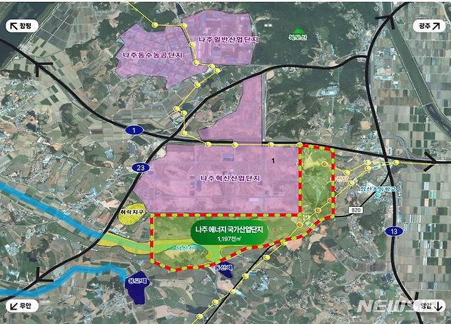 [나주=뉴시스] 나주에너지국가산단 위치도. 해당 산단은 나주혁신산업단지 인근에 LH공사와 전남개발공사가 공동으로 약 36만평(119만7000㎡) 규모로 조성한다. (이미지=전남도 제공) 2022.12.22. photo@newsis.com