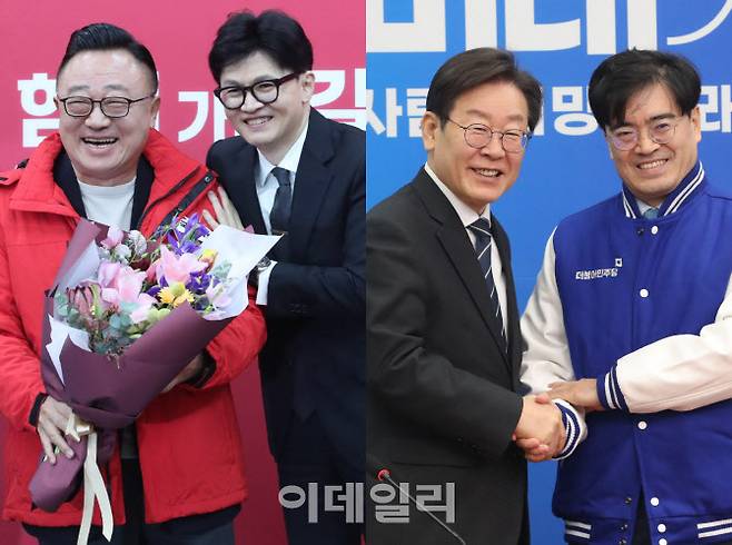 한동훈 국민의힘 비상대책위원장이 고동진 전 삼성전자 사장의 영입식에서 사진을 찍고 있다(왼쪽). 이재명 더불어민주당 대표가 공용운 전 현대차 사장 영입식에서 악수를 하고 있다.(사진=노진환 기자)