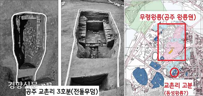 최근 발굴된 공주 교촌리 3호분도 동성왕릉 후보로 거론된다. 이 고분도 전돌무덤이다. 동성왕릉을 무령왕릉과  떨어진 곳에 멀찌감치 조성했을 것이라는 추정도 나온다.|공주대박물관 제공