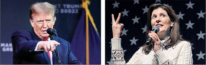 론 디샌티스 미국 플로리다주지사가 21일(현지시간) 중도 하차하면서 공화당 대선 경선이 도널드 트럼프 전 대통령(왼쪽)과 니키 헤일리 전 유엔 대사의 양자대결로 치러지게 됐다. 트럼프 전 대통령과 헤일리 전 대사가 각각 뉴햄프셔주 로체스터, 엑서터에서 유세하고 있다.  로이터연합뉴스