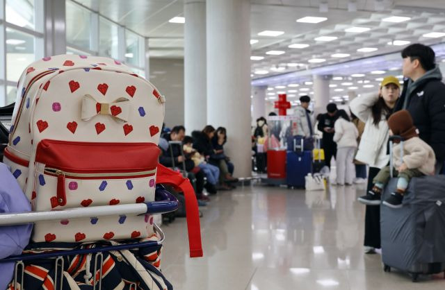 제주에 매서운 눈보라가 친 23일 오전 제주국제공항 국내선 출발층에서 탑승객들이 지연되거나 결항된 항공편 운항 재개를 기다리고 있다. 연합뉴스