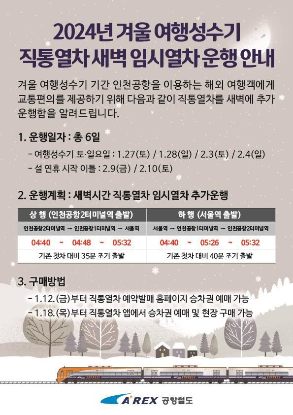 [서울=뉴시스] 인천국제공항공사(사장 이학재)는 겨울 성수기 및 설 연휴를 맞아 공항 이용객을 위한 다양한 대중교통 프로모션을 시행한다고 23일 밝혔다. 겨울철 여행 성수기 기간과 설 연휴 직전(1.27~2.10, 주말한정 총 6일) 새벽시간에 공항 직통열차가 시범 운행된다. 사진은 공항철도 직통열차 운행 포스터. 2024.01.23. (사진=인천공항공사 제공) photo@newsis.com *재판매 및 DB 금지