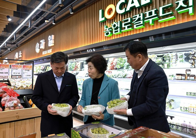 조근수 경남농협본부장(왼쪽부터), 이보명 함안 가야농협 조합장, 신해근 NH농협 함안군지부장 등이 18일 가야농협 하나로마트에서 설 명절 대비 식품안전 현장 점검을 하고 있다.