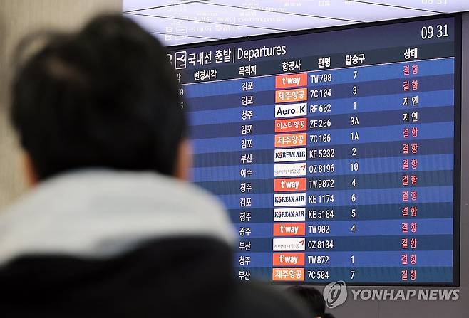 결항, 지연, 결항 (제주=연합뉴스) 백나용 기자 = 제주에 매서운 눈보라가 친 23일 오전 제주국제공항 국내선 출발층 전광판이 지연, 결항을 알리고 있다. 2024.1.23 dragon.me@yna.co.kr