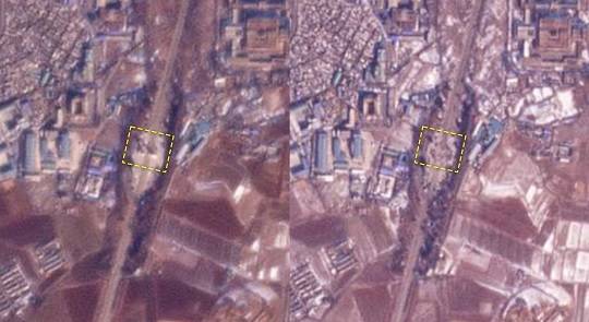 지난 8일과 23일에 각각 찍은 평양 통일구역 위성사진, 기념탑의 흔적이 사라져 철거된 것으로 추정됨(사진출처 : 플래닛랩스/NK News)