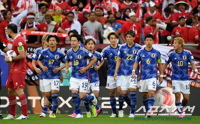 24일(현지시간) 카타르 도하 알투마마 스타디움 열린 2023 아시아축구연맹(AFC) 카타르 아시안컵 일본과 인도네시아의 경기. 일본 우에다가 선취골을 넣은 뒤 환호하고 있다. 도하(카타르)=박재만 기자 pjm@sportschosun.com/2023.01.24/