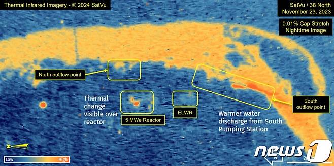 북한전문매체 38노스는 영변 핵시설을 촬영한 고해상도 열화상 이미지를 바탕으로 ELWR 원자로 격납건물의 온도가 크게 감소한 것으로 나타났다고 전했다. 38노스는 ELWR에 연결된 배전 시설에서 열 신호가 감지됐고, 냉각 라인에서 열수가 지속해서 배출되고 있다고 했다.(38노스 갈무리)