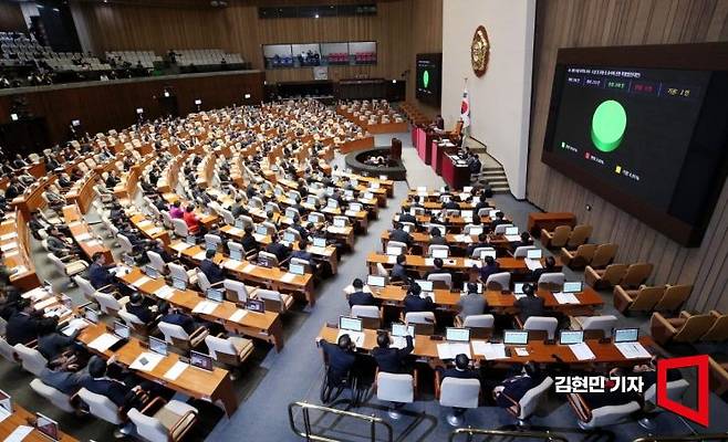 9일 국회 본회의에서 '개의 식용 목적의 사육·도살 및 유통 등 종식에 관한 특별법'이 통과되고 있다. 사진=김현민 기자 kimhyun81@