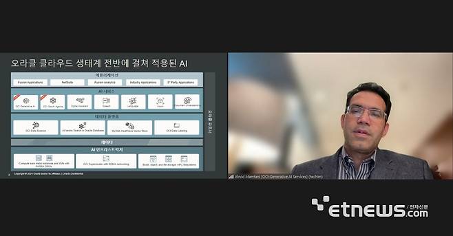 비노드 맘타니(Vinod Mamtani) 오라클 부사장이 화상회의로 OCI AI에 대해서 설명하고 있다