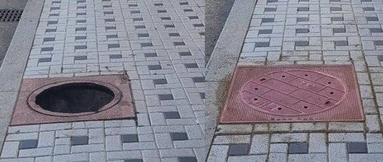 지난해 12월 6일 부산 동구 좌천동에서 행인이 걷던 중 파손된 조화 맨홀 뚜껑(왼쪽). 사고가 일어난 후 부산 동구는 맨홀 뚜껑을 보수했다. 사진 부산 동구