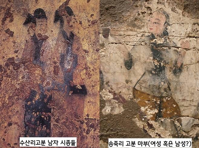 수산리고분의 남자시종들(왼쪽 사진)은 보기에도 맵시있고 멀끔한 꽃미남들이다.  송죽리 고분의 ‘마부’는 여성의 미모가 연상될 정도로 허리가 잘룩하고 얼굴선이 곱고 희며 입술은 붉다. 그러나 ‘마부’인만큼 남성일 가능성도 크다.