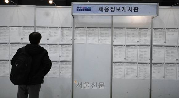 17일 오후 서울 양재동 aT센터에서 열린 2024공공기관 채용정보박람회를 찾은 취업준비생이 채용정보게시판을 살펴보고 있다.온 오프 사용시 얼굴모자이크2024.1.17안주영 전문기자