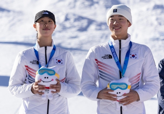 프리스타일 스키 대표팀의 윤신이와 이윤승(왼쪽부터). (IOC 제공)