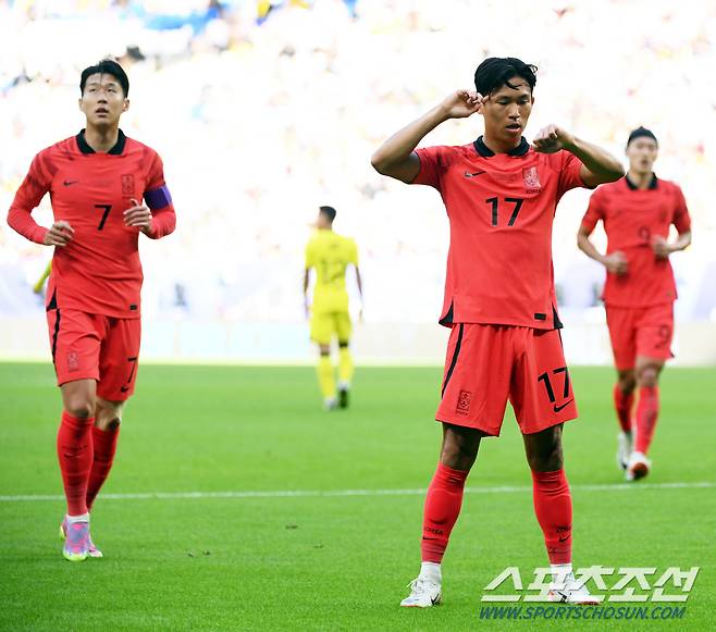 25일(현지시간) 카타르 알와크라 알자누브 스타디움에서 열린 2023 아시아축구연맹(AFC) 카타르 아시안컵 대한민국과 말레이시아의 경기. 정우영이 선취골을 넣은 뒤 세리머니를 펼치고 있다. 알와크라(카타르)=박재만 기자pjm@sportschosun.com/2023.01.25/