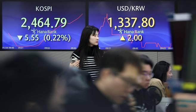 26일 오전 서울 중구 하나은행 본점 딜링룸. / 사진=연합뉴스