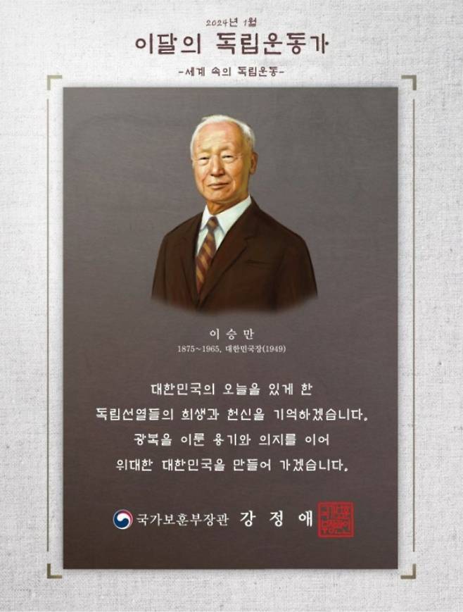 이승만 초대 대통령의 이달의 독립운동가 선정패. 국가보훈부 제공