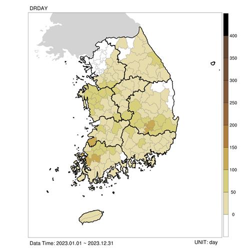 2023년 기상가뭄 발생일 분포도. [기상청 제공. 재판매 및 DB 금지]