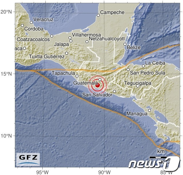 중미 과테말라에서 26일 밤 규모 6.1 지진이 발생했다. <출처=독일지질과학연구센터(GFZ)>