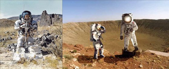 미국 애리조나에 있는 운석충돌구 '미티오 크레이터'에서 우주인이 훈련하고 있다. 왼쪽은 1967년, 오른쪽은 최근 훈련 중인 모습. 사진 미티오 크레이터 홈페이지 캡처