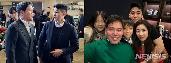 [서울=뉴시스](왼쪽)정용진 신세계그룹 부회장과 장남 정해찬씨, 정 부회장과 배우자 한지희씨를 비롯한 자녀들.2023.12.26.(사진=정용진 부회장 인스타그램 캡쳐)photo@newsis.com