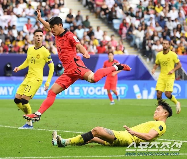 25일(현지시간) 카타르 알와크라 알자누브 스타디움에서 열린 2023 아시아축구연맹(AFC) 카타르 아시안컵 대한민국과 말레이시아의 경기. 황희찬이 슈팅을 시도하고 있다. 알와크라(카타르)=박재만 기자pjm@sportschosun.com/2023.01.25/