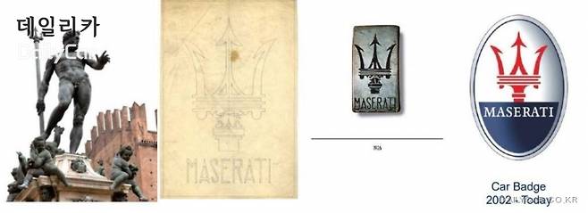 마조레 광장 포세이돈 동상, 초기 마세라티 로고 스케치 및 로고(1926), 마세라티 로고