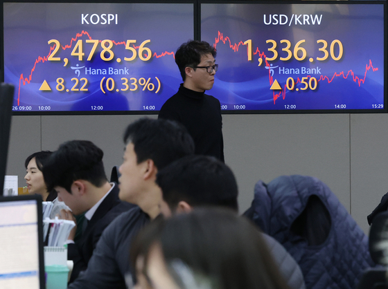 Screens in Hana Bank's trading room in central Seoul show stock markets close on Friday. [YONHAP]