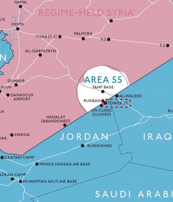 28일(현지시간) 미국 정부는 시리아 국경과 가까운 요르단 북부 미군 주둔지 ‘타워 22’(사진)가 전날 밤 무인기(드론) 공격을 받아 미군 3명이 숨지고 수십명이 다쳤다며 보복을 선언했다. 타워 22(사진 속 빨간 네모)는 시리아와 이라크, 요르단 3개국 국경이 만나는 중동의 요충지에 위치해 있다. 이곳에는 시리아 알 탄프 미군 주둔지를 지원하는 특수 작전 부대 및 군사 훈련병·요원들이 배치된 것으로 알려졌다.