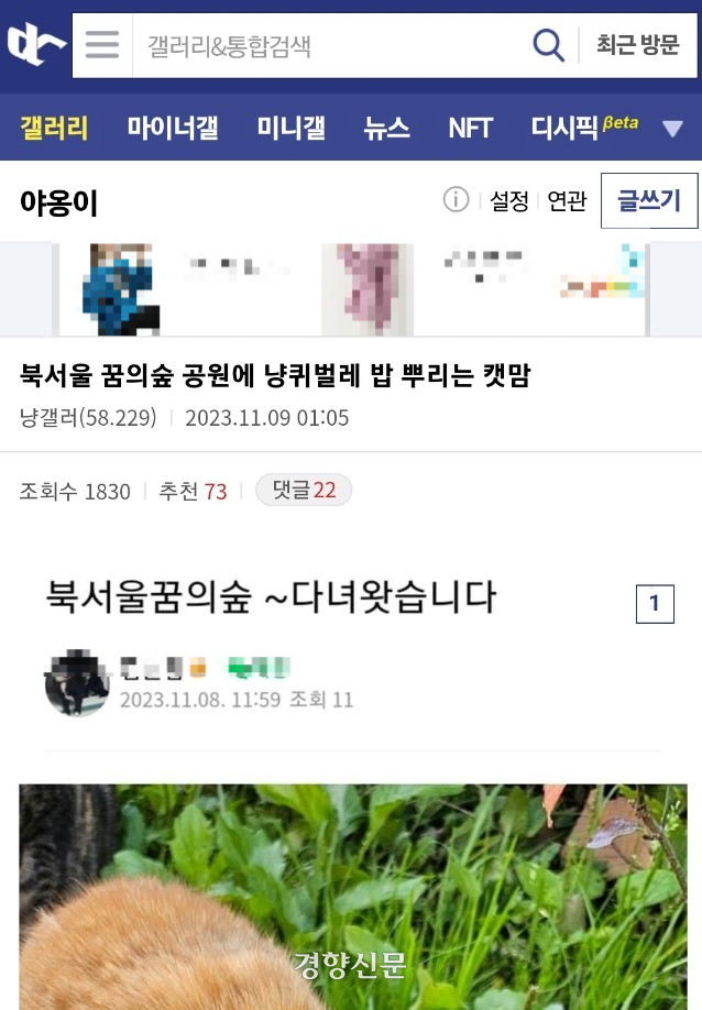 지난해 11월  9일 인터넷 커뮤니티 디시인사이드 야옹이 갤러리에 북서울꿈의숲에 대한 어느 카페 게시글을 옮겨온 글이  올라왔다. 이 글이 올라오고 한 달이 지나지 않아 북서울꿈의숲에서 고양이 세 마리가 숨진 채 발견됐다. 이 글은 현재 지워진 상태다. 강승희씨 제공