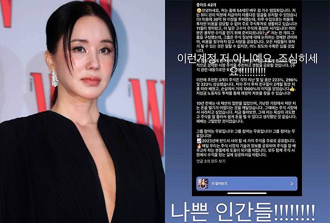 가수 겸 배우 엄정화(왼쪽)이 지난달 자신의 인스타그램을 통해 공개한 사칭 계정 게시물(오른쪽)./사진=뉴시스, 엄정화 인스타그램