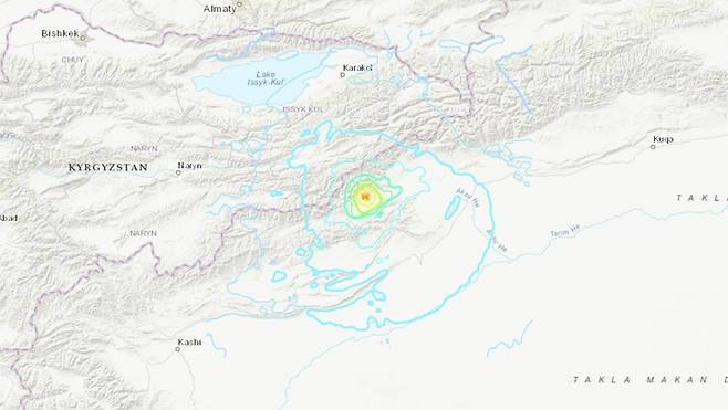 중국 신장지구-키르기스스탄 경계에 규모 6.0 지진 [미국지질조사국 홈페이지 캡처. 재판매 및 DB 금지]